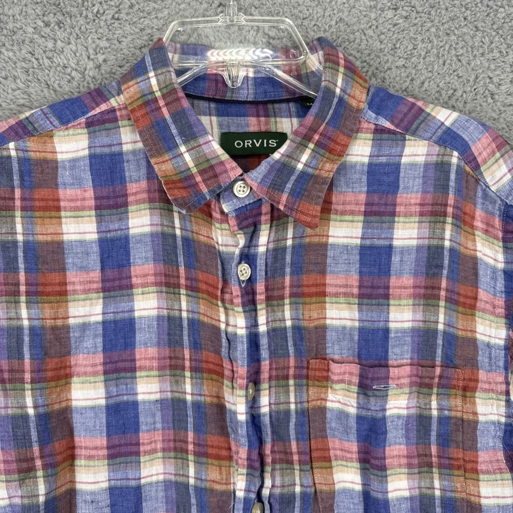 Orvis Shirt Mens Medium Plaid 100% Linen Short Sleeve Button Up Blue Casual